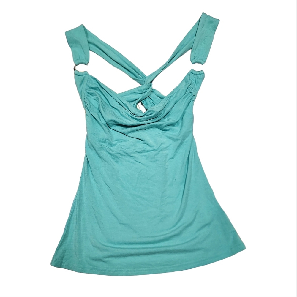 Y2K Womens Turquoise Twist Back Cowl Neck Tank Top Size Small